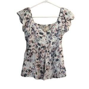 Japna V-Neck Floral Blouse Flutter Sleeve Smocked Back White Multi Size Small